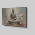 Framed canvas print of Buddha in meditation with abstract background and floral accents