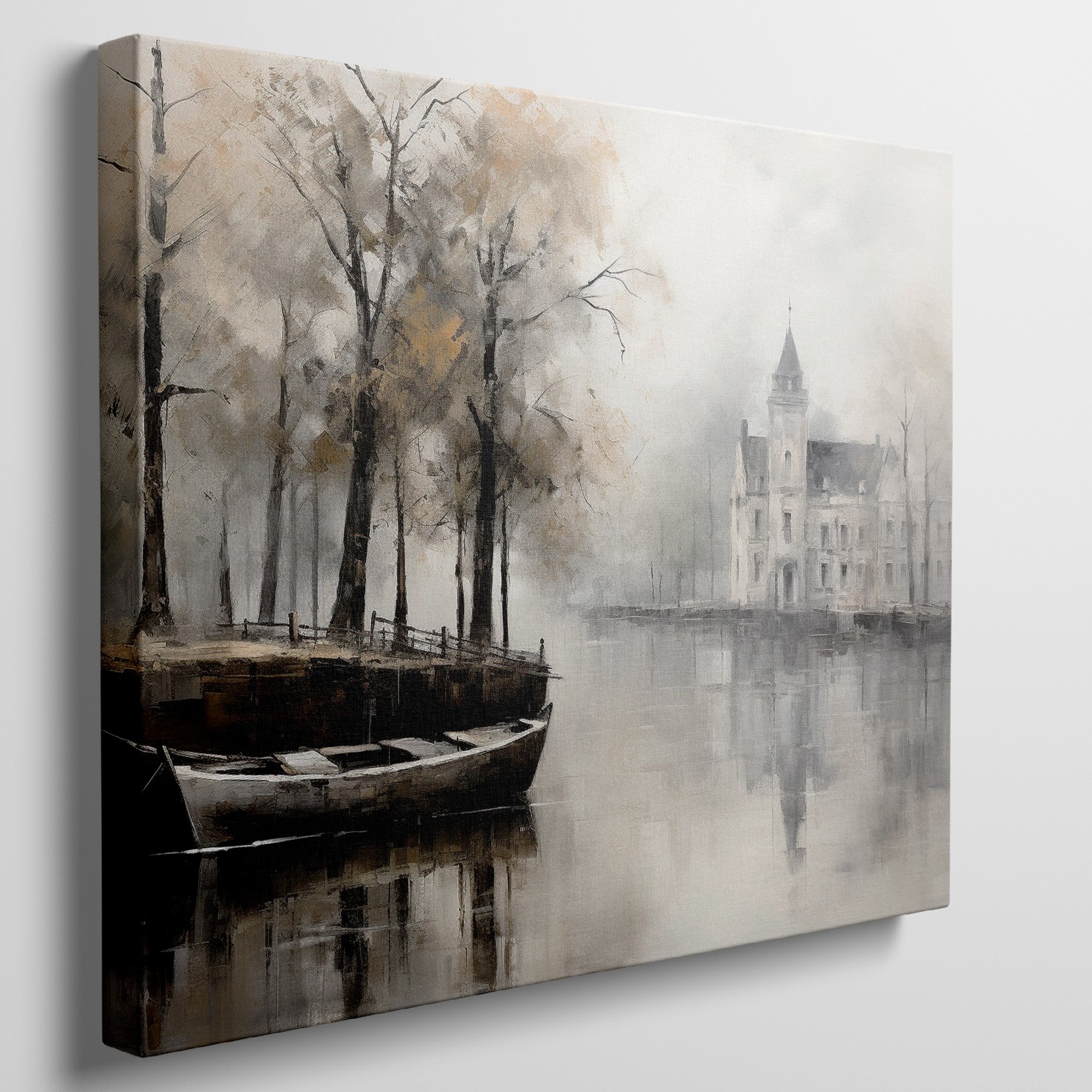 Framed canvas print of a historic chateau reflected on a lake with autumn trees and a rowboat in a misty scene