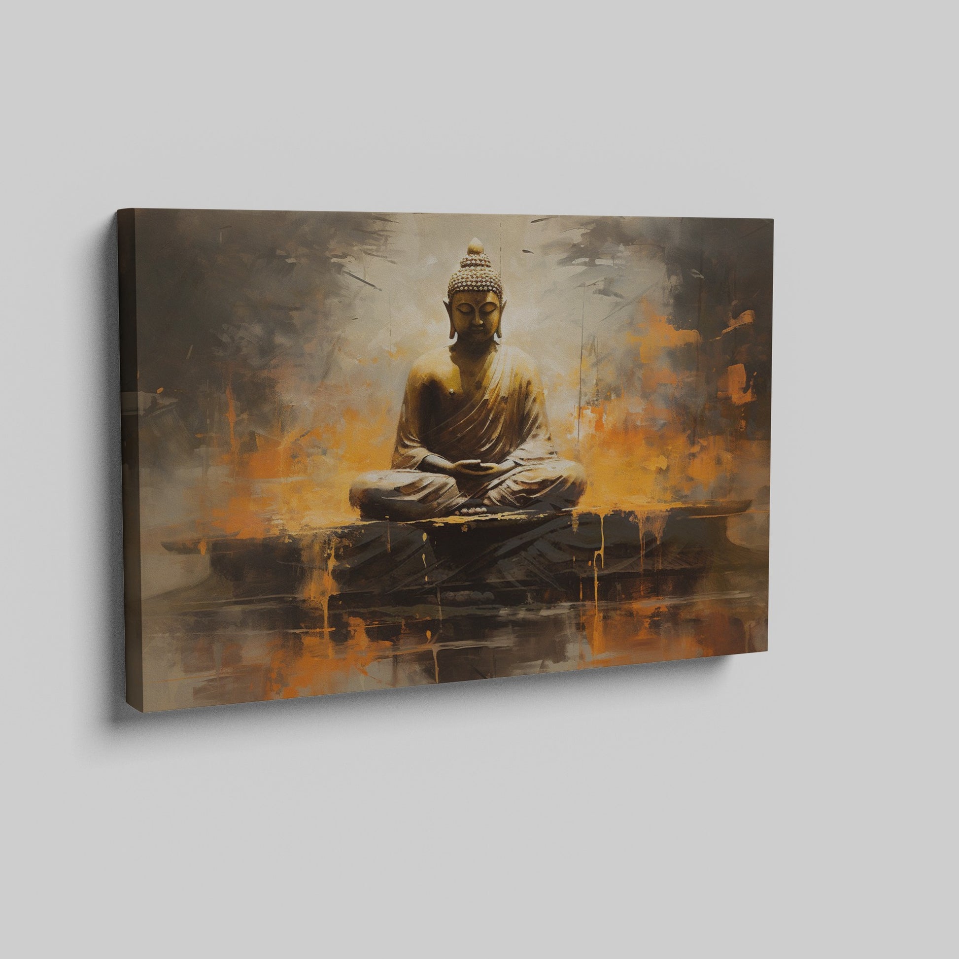 Framed canvas print of a serene Buddha in abstract style with warm orange and brown tones