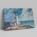 Framed canvas print of lighthouse on coastal rocks with dynamic sea and sky