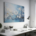 Framed canvas print of elegant white blossoms on a serene blue background with impasto textures