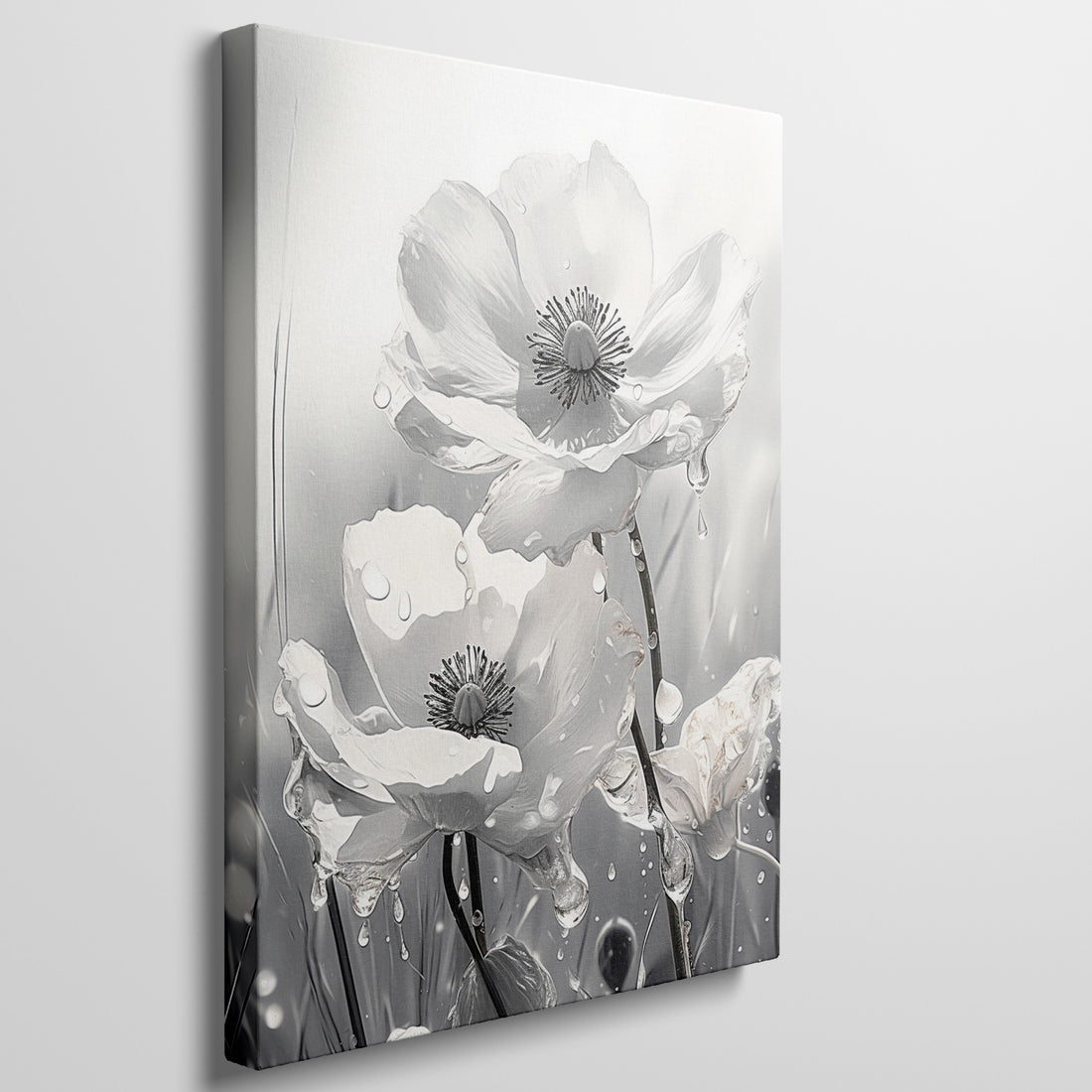 Framed canvas print of monochrome flowers with water droplets