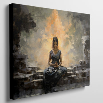 Framed canvas print of a meditative woman at an ancient temple with warm golden hues