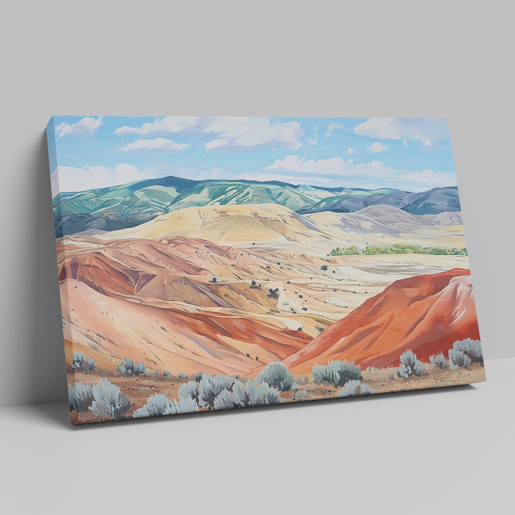 Framed canvas print of a serene and rustic painted hills landscape