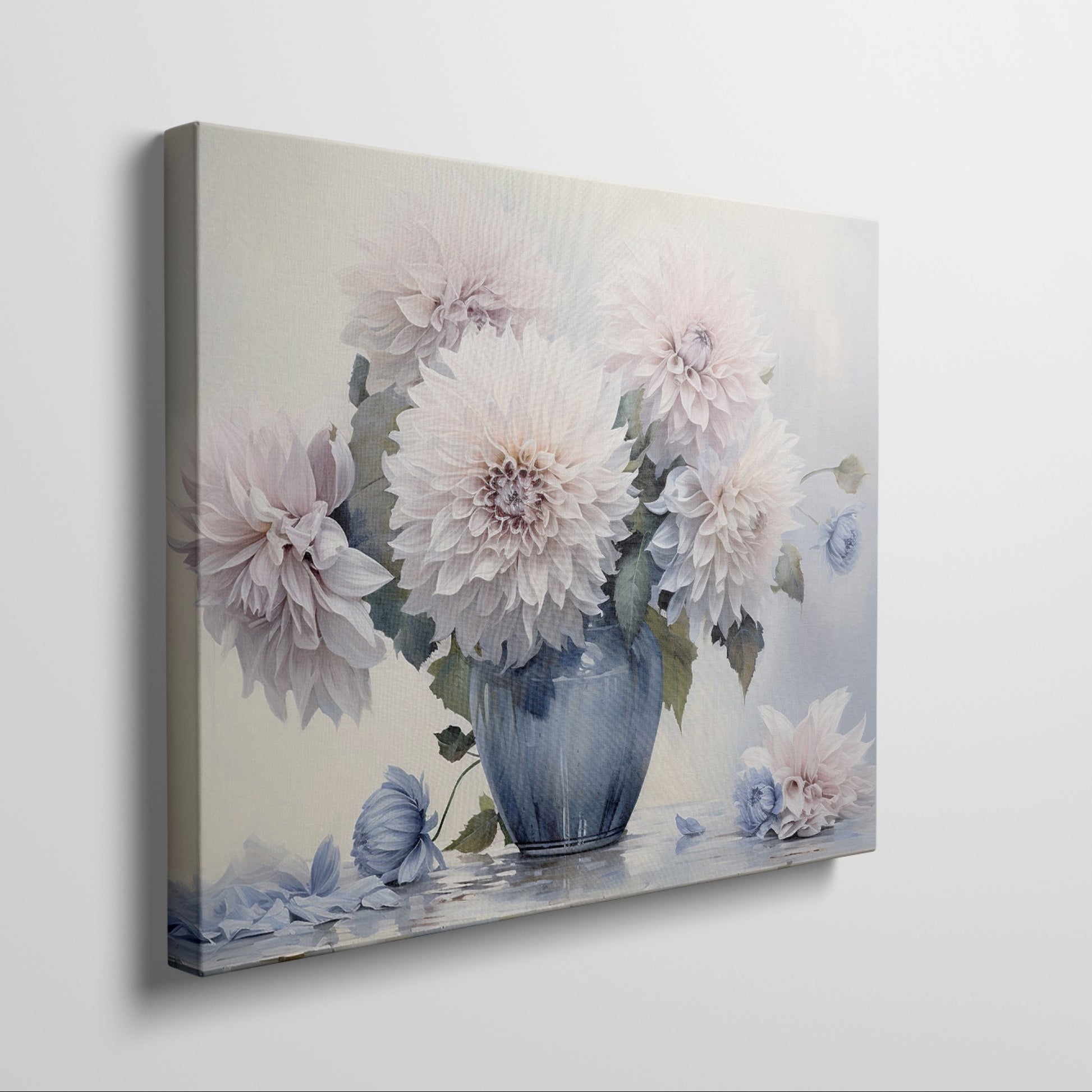 Framed canvas print of realistic dahlia flowers in a vintage blue vase with soft pastel tones