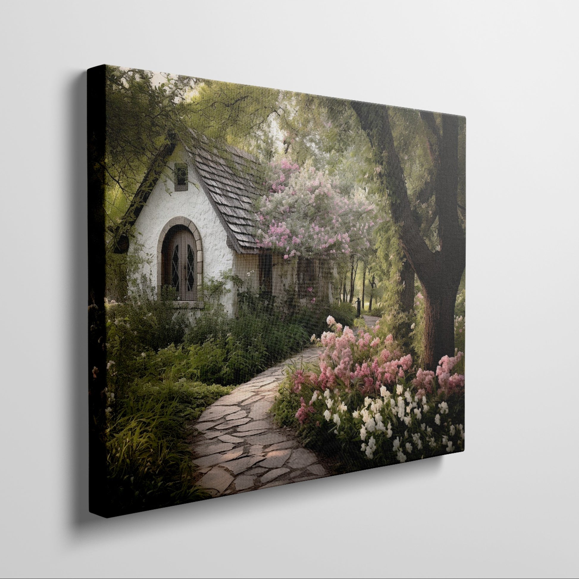 Framed canvas print of a picturesque cottage surrounded by blooming garden and shaded by trees