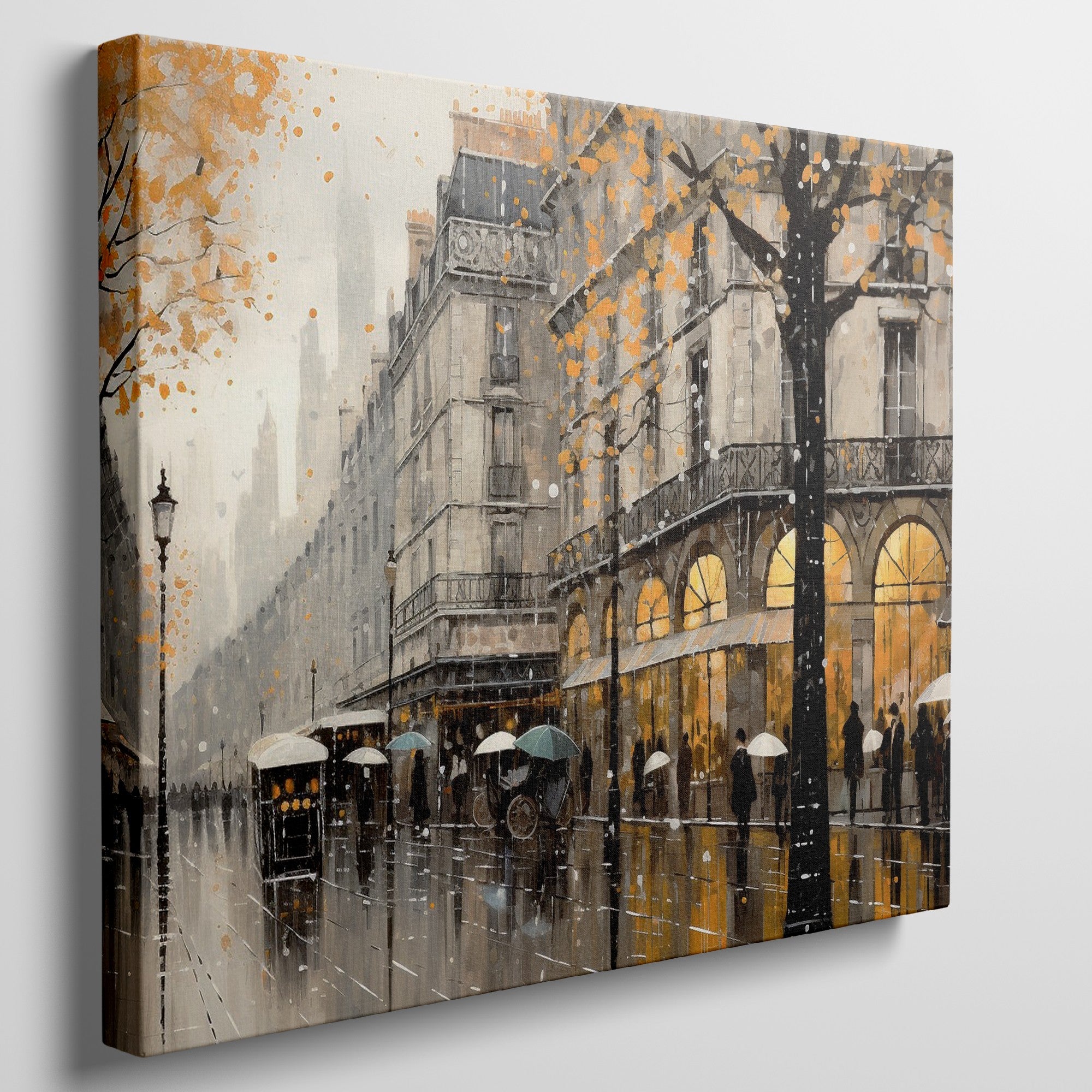 Framed canvas print of a Parisian streetscape with autumn leaves and rain