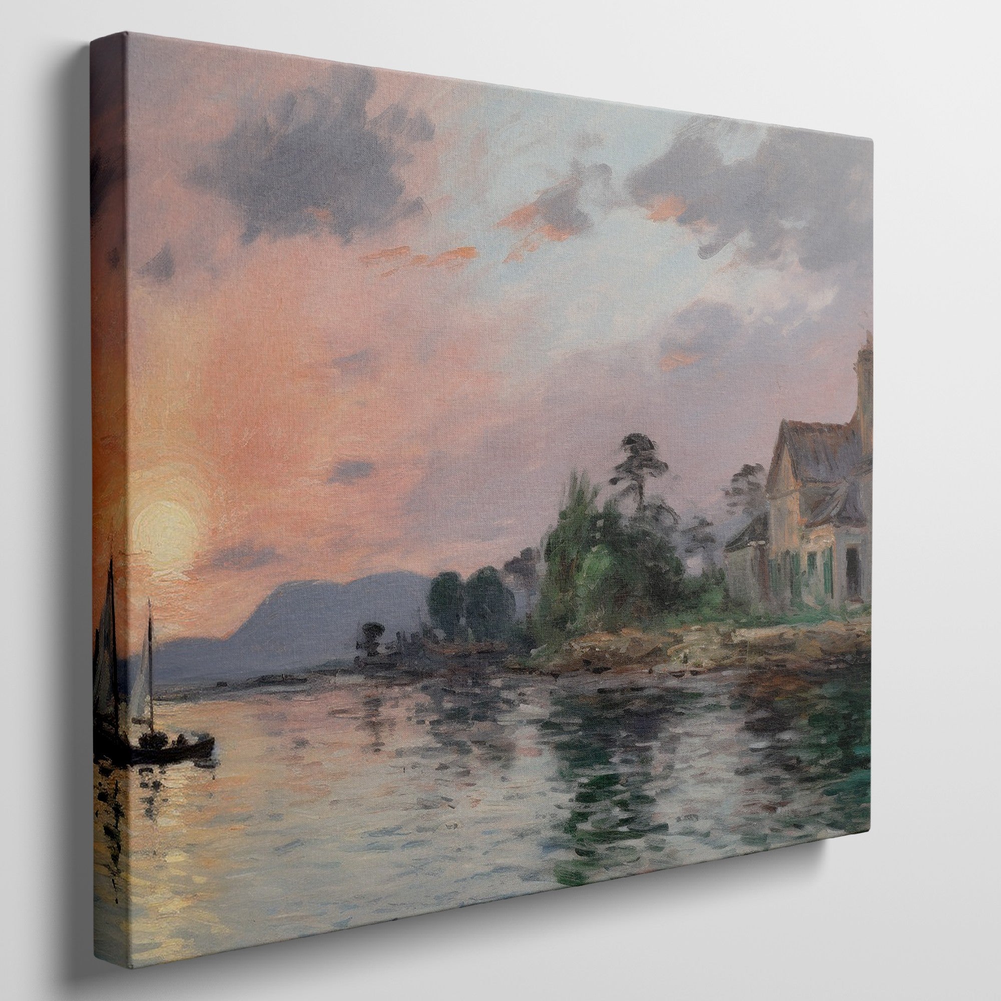 Framed canvas print of an impressionist seascape with sunset and sailing boat