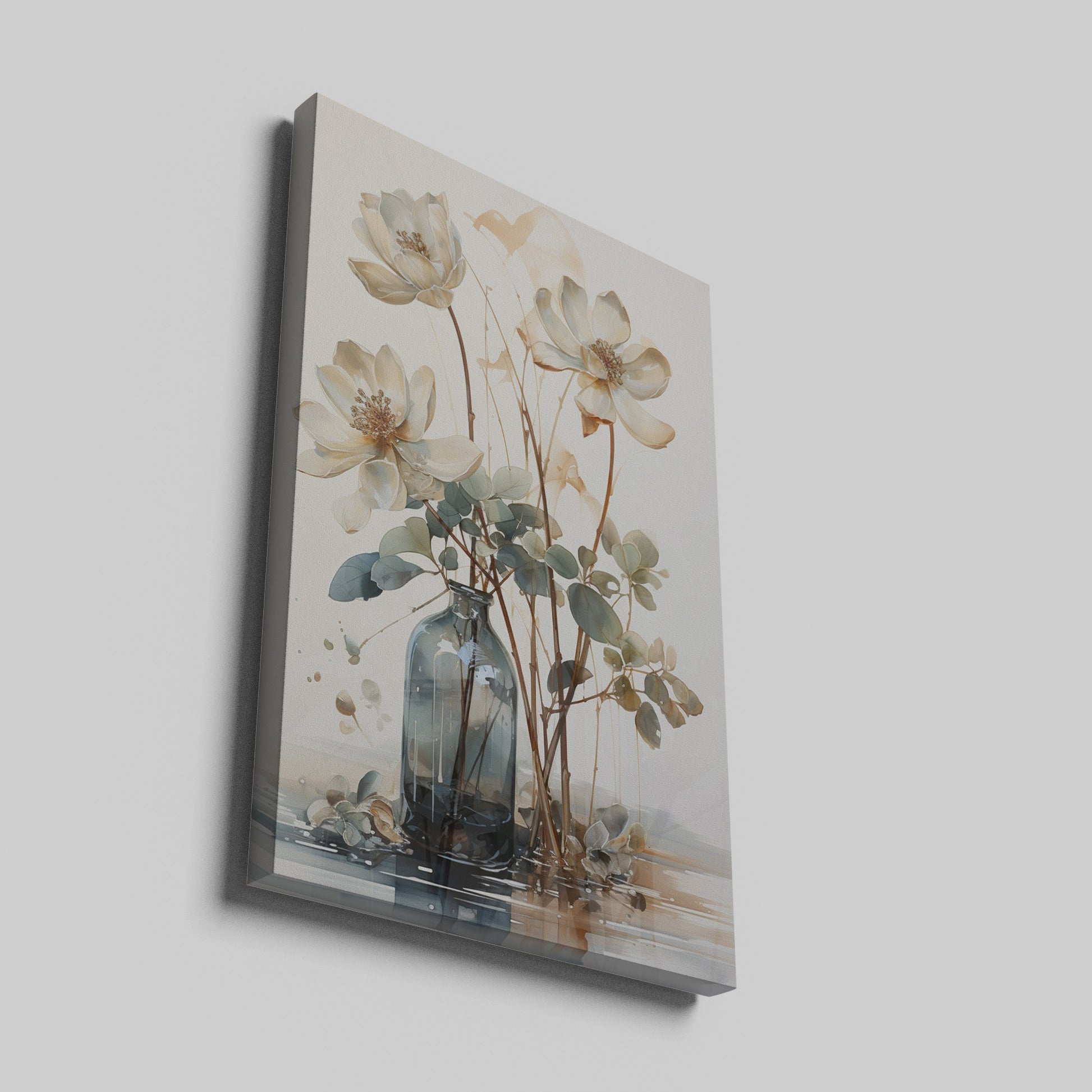 Framed canvas print of watercolor flowers in a glass vase with soft beige and brown tones