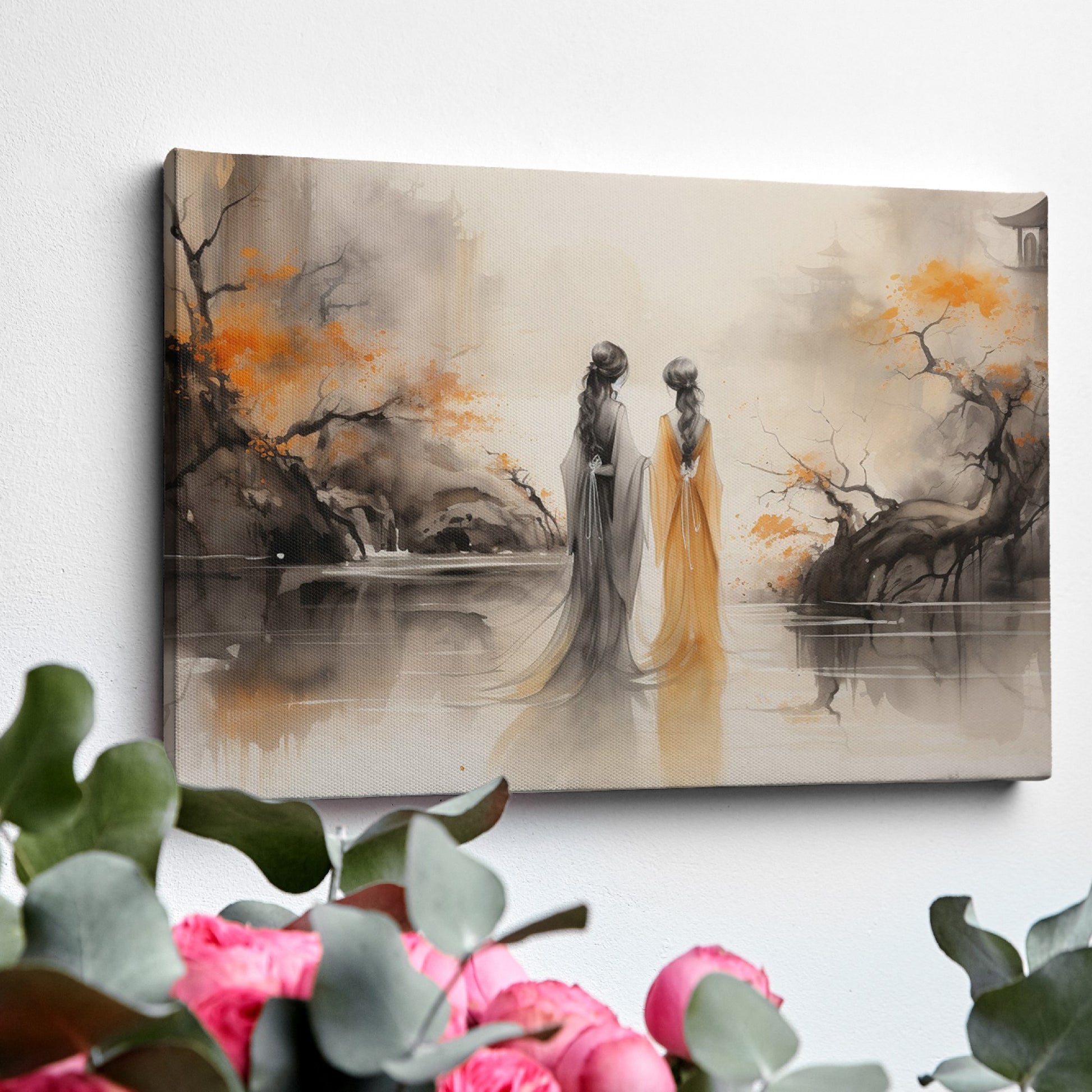 Framed canvas print of oriental ink wash painting with misty landscape and autumn hues