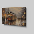 Framed canvas print of a vintage tram on snowy city street at twilight with glowing lamps