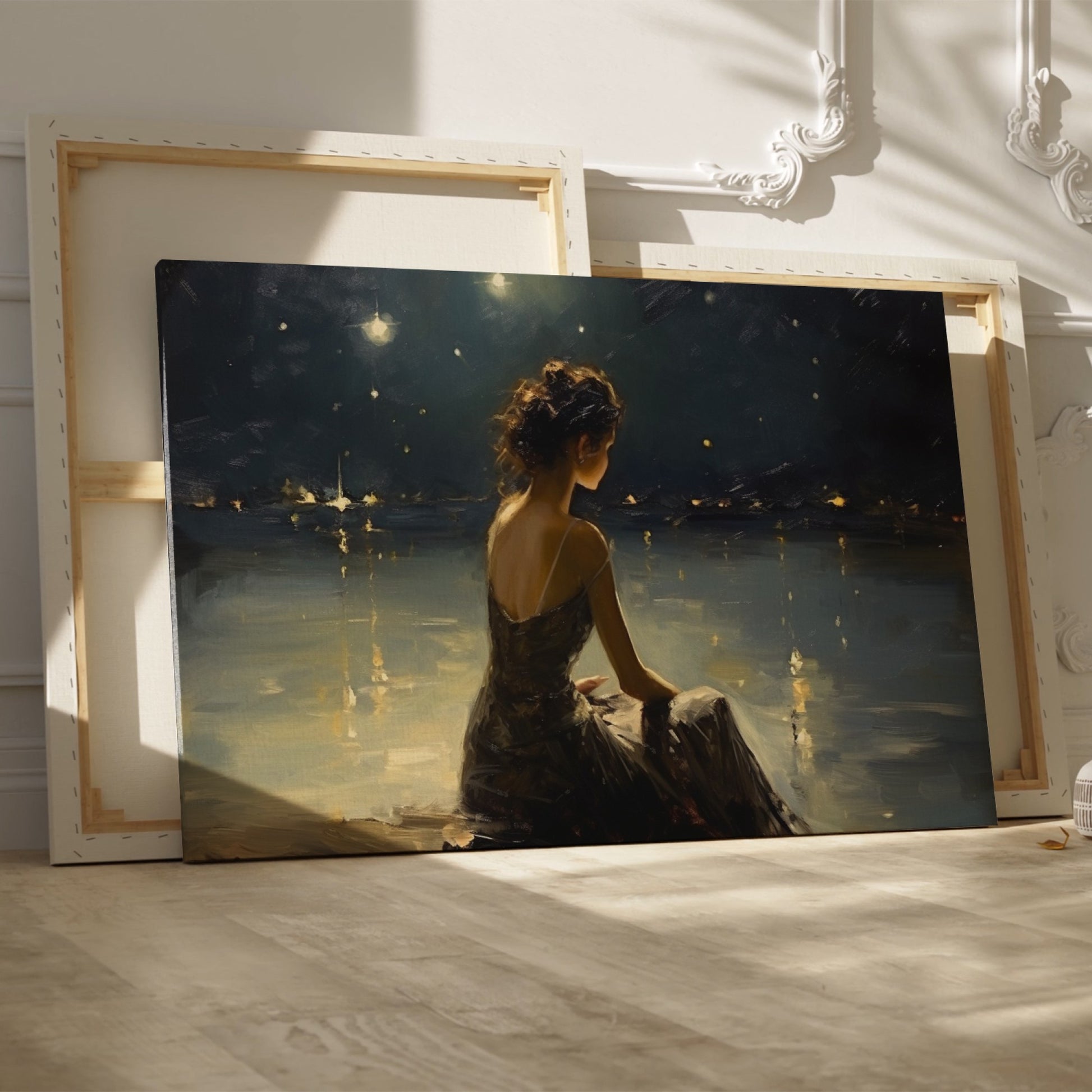 Framed canvas print of a woman in an evening dress admiring the reflective waters on a tranquil night