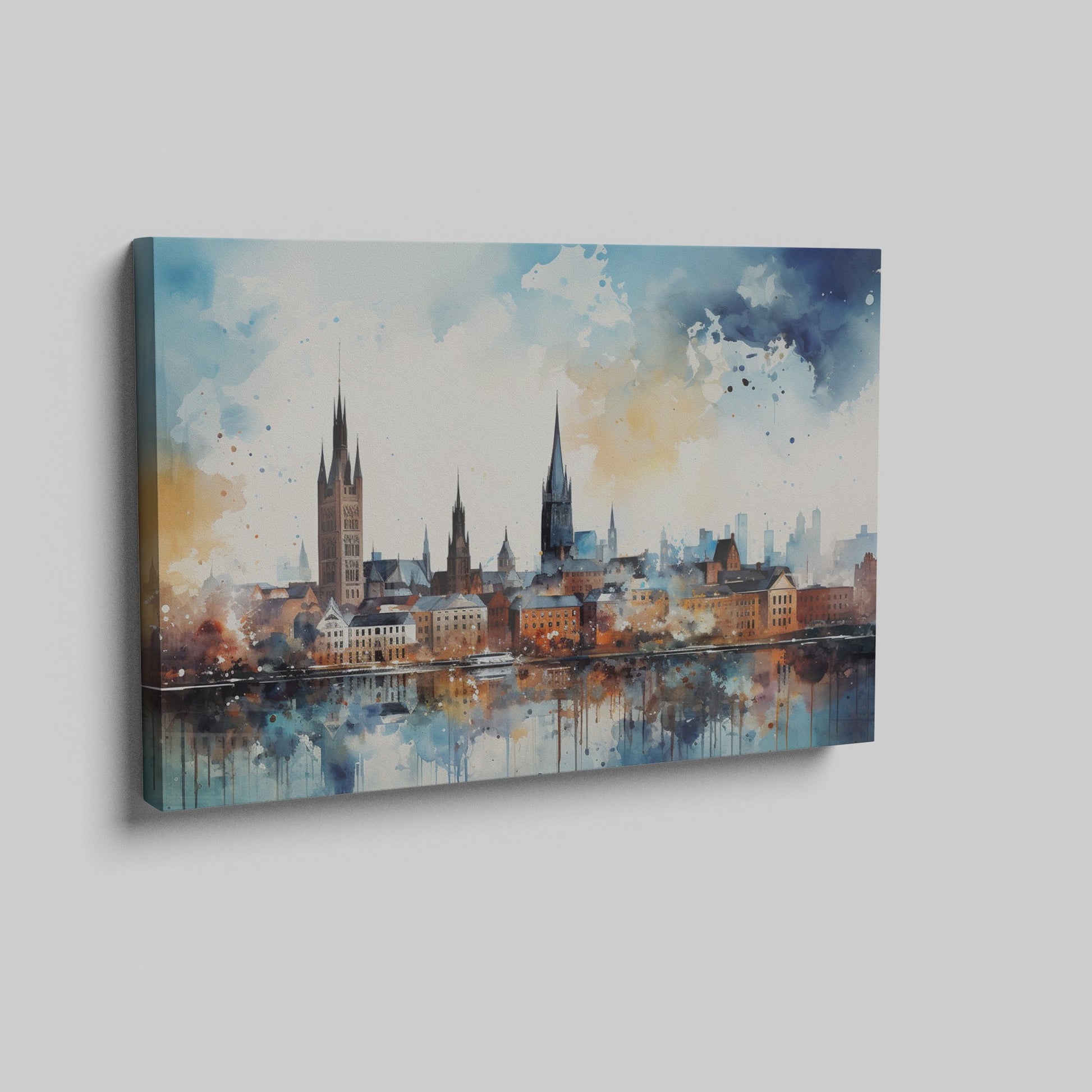 Framed canvas print of abstract watercolour cityscape with vibrant blue, orange and black tones