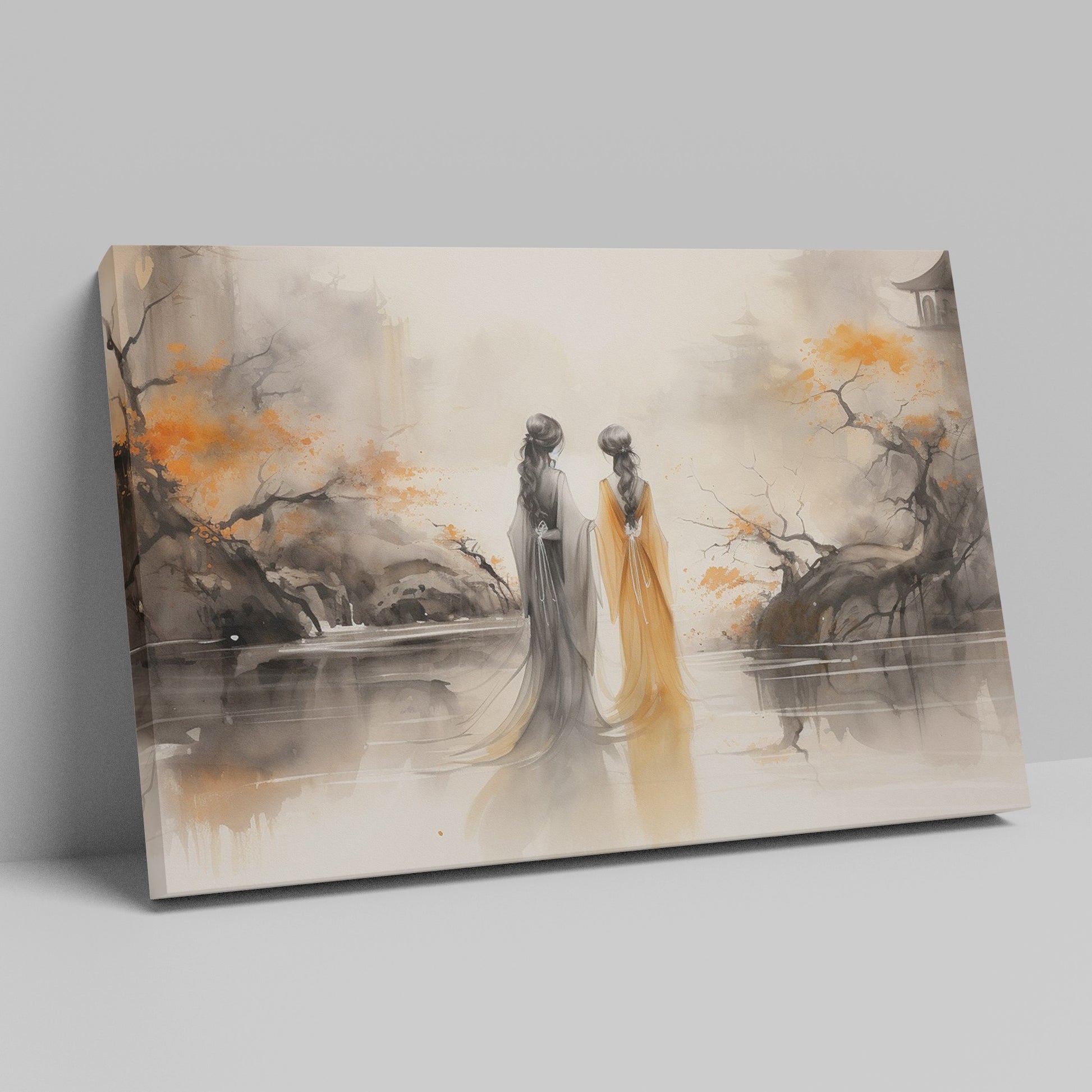 Framed canvas print of oriental ink wash painting with misty landscape and autumn hues