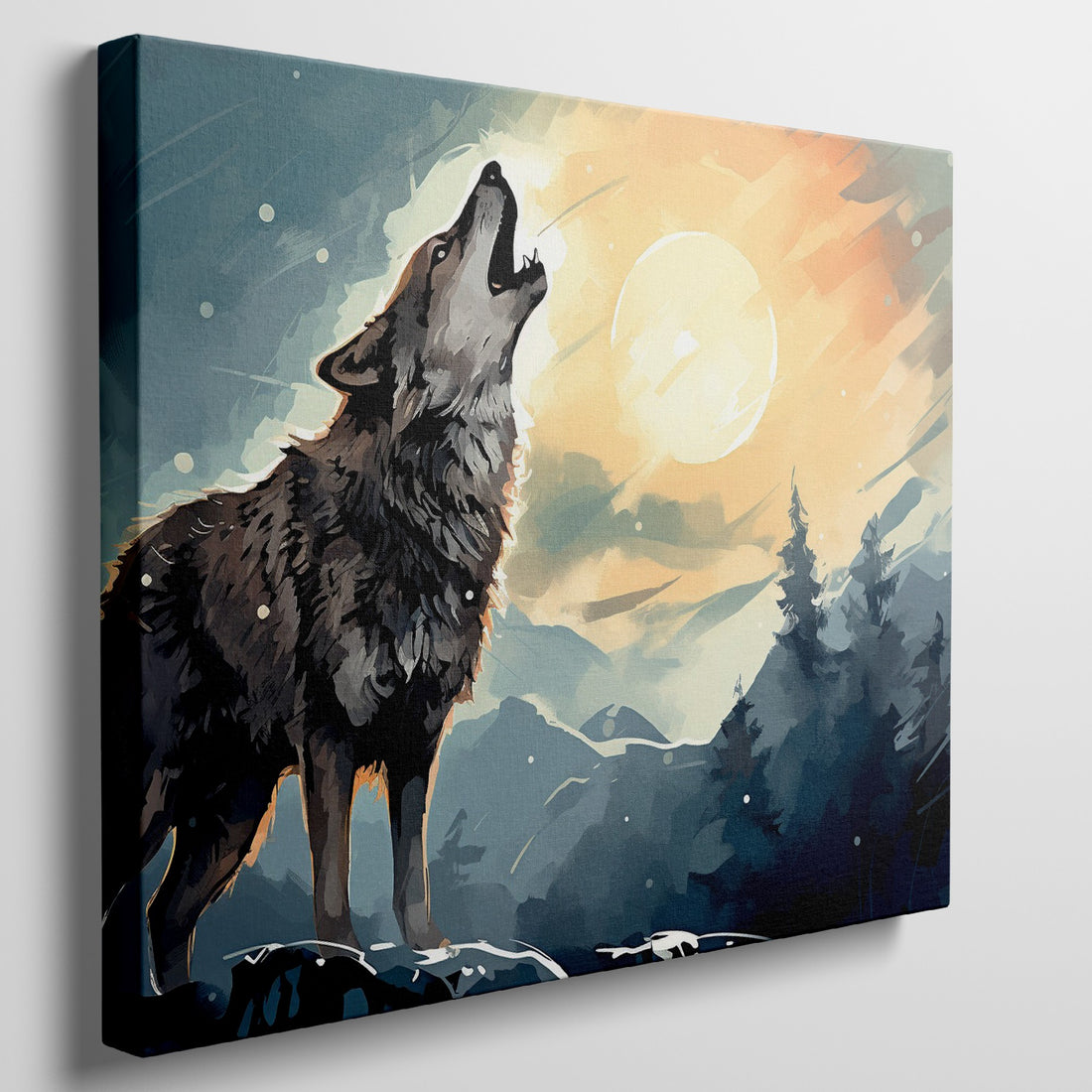 Framed canvas print of a howling wolf in a forest at sunset with orange and blue tones