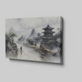 Framed canvas print of a mist-covered ancient Chinese scene with pagodas and figures