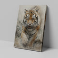 Framed canvas print of a fierce and majestic tiger in watercolour, highlighting the animal's intense gaze and striking details against a neutral backdrop.