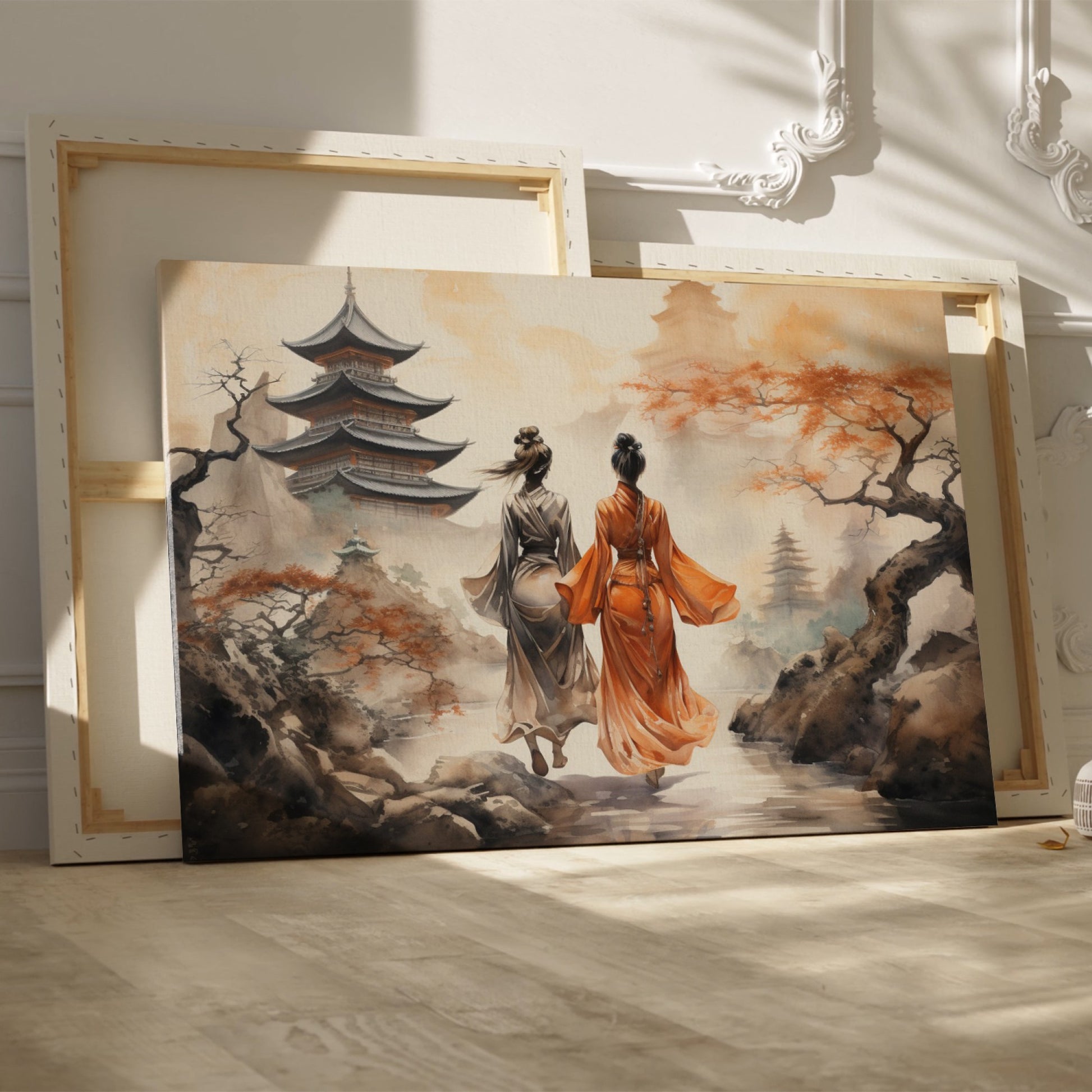 Framed canvas print of traditional Chinese pagoda landscape with figures in kimonos and cherry blossoms