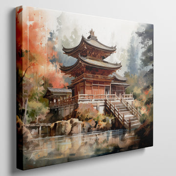 Framed canvas print of a Japanese temple amid autumn scenery with vibrant red and orange leaves