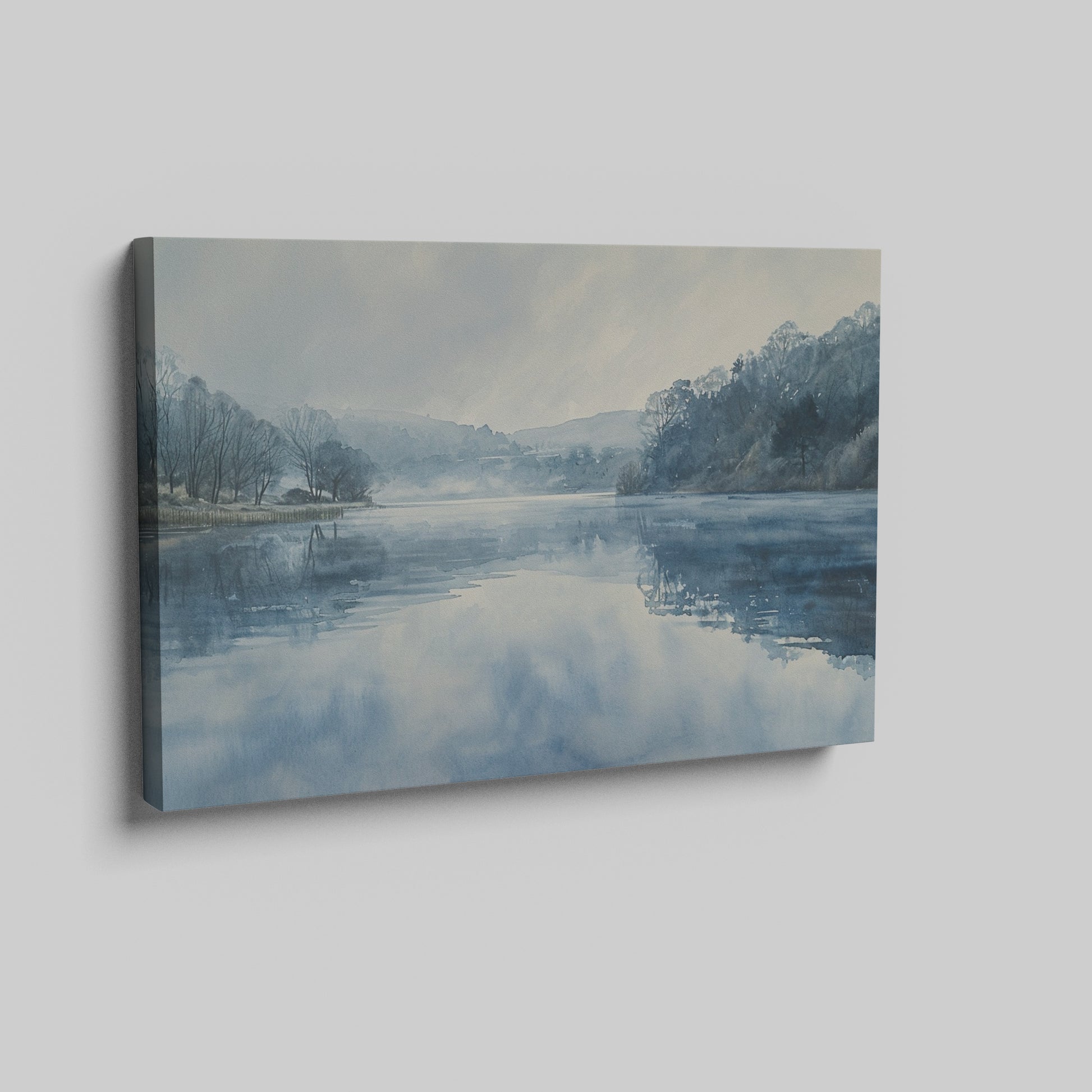 Framed canvas print of a serene lakeside watercolor painting with soft blue and grey tones