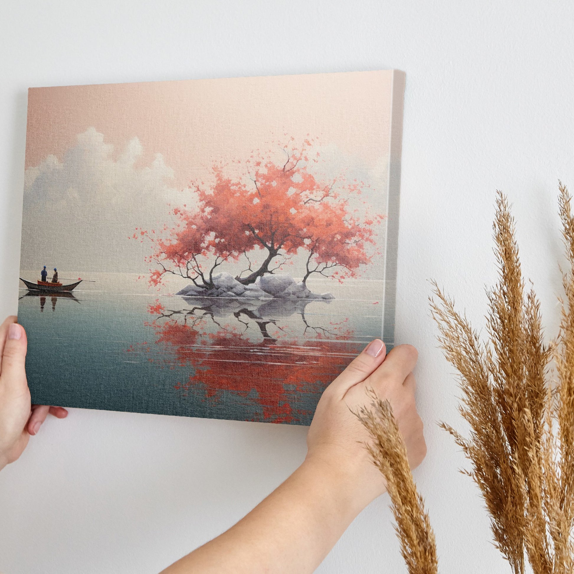 Framed canvas print of a tranquil lake with cherry blossoms and boat