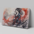 Framed canvas print of a traditional Japanese Geisha in watercolour with a misty backdrop of red and grey