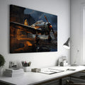 Framed canvas print of a vintage WWII fighter plane on a reflective rainy tarmac