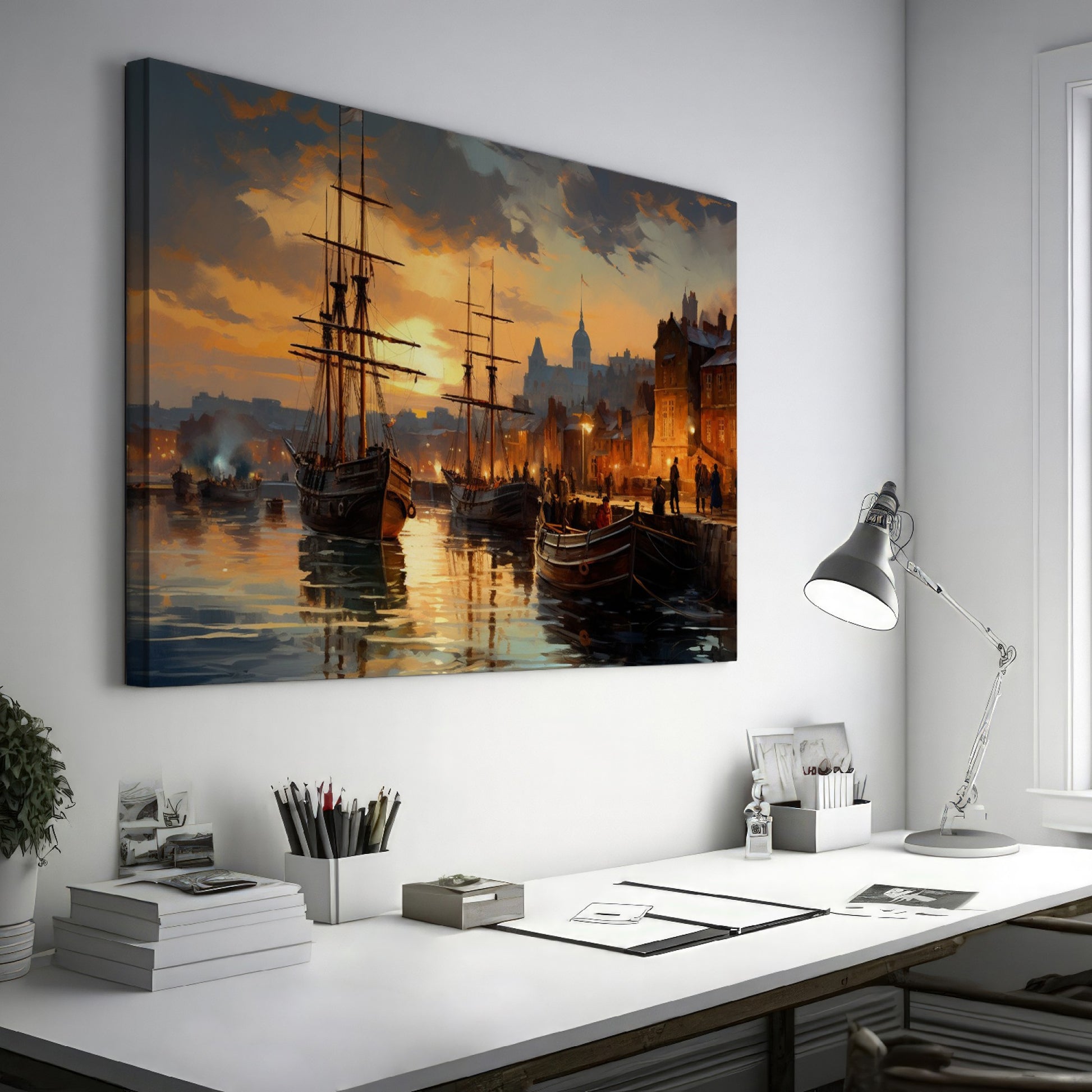 Framed canvas print of a historical port with sailing ships at sunset, featuring warm golden hues and reflective water