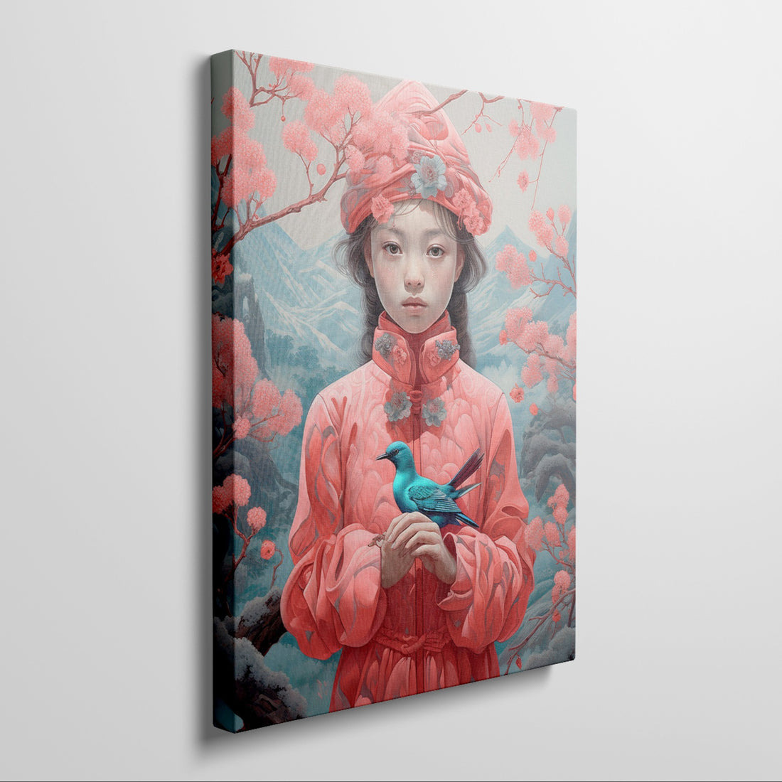 Framed canvas print of an Oriental girl in traditional pink attire with a blue bird and cherry blossoms