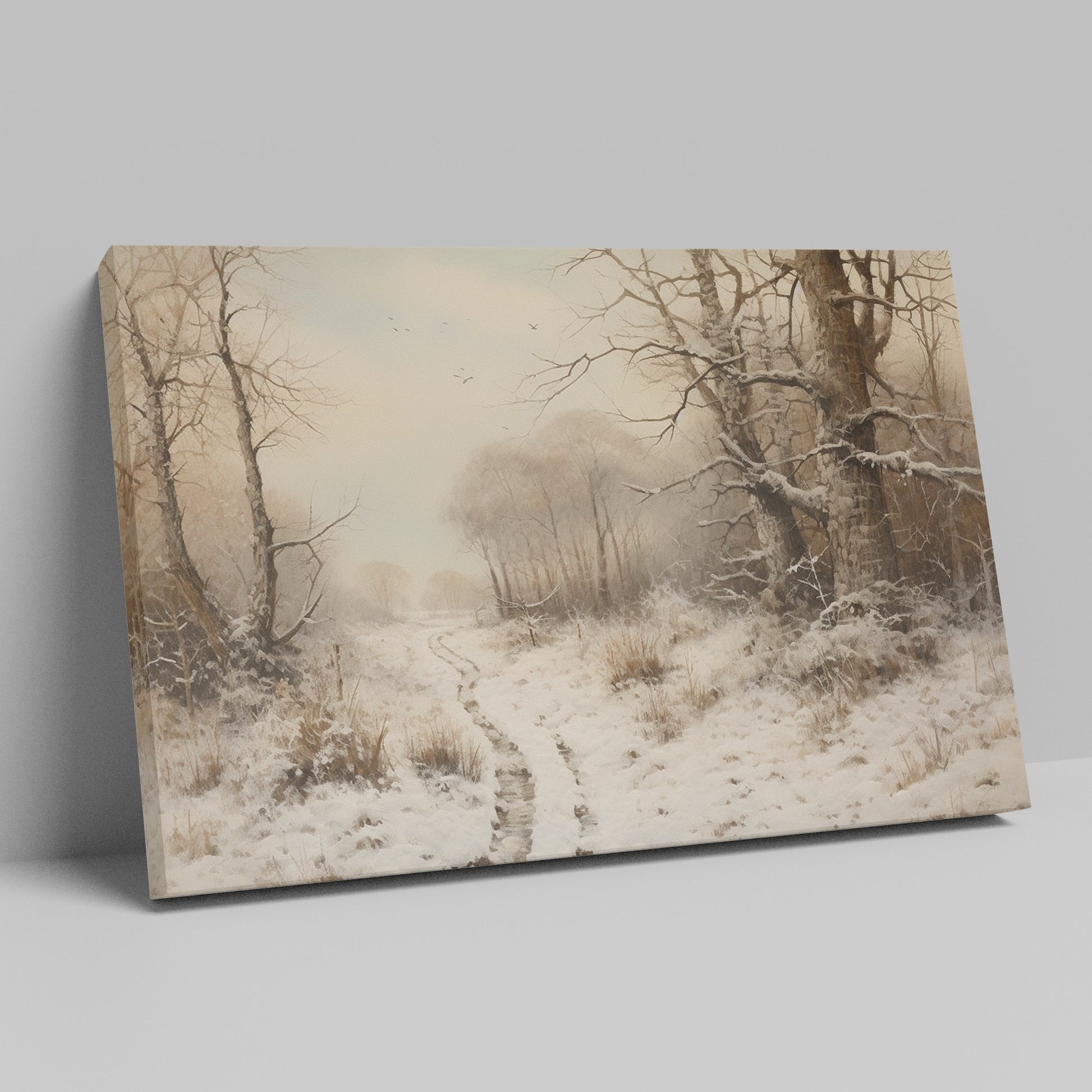 Framed canvas print of a tranquil winter landscape with snow-covered trees and a snowy path