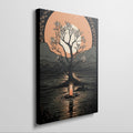 Stylized artwork of a tree against a large orange moon with a candle reflected on water