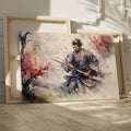 Framed canvas print of a samurai warrior in watercolour, with dynamic ink splatters in vivid hues.