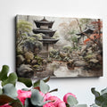 Framed canvas print of a tranquil traditional Asian landscape with a Japanese pagoda and garden