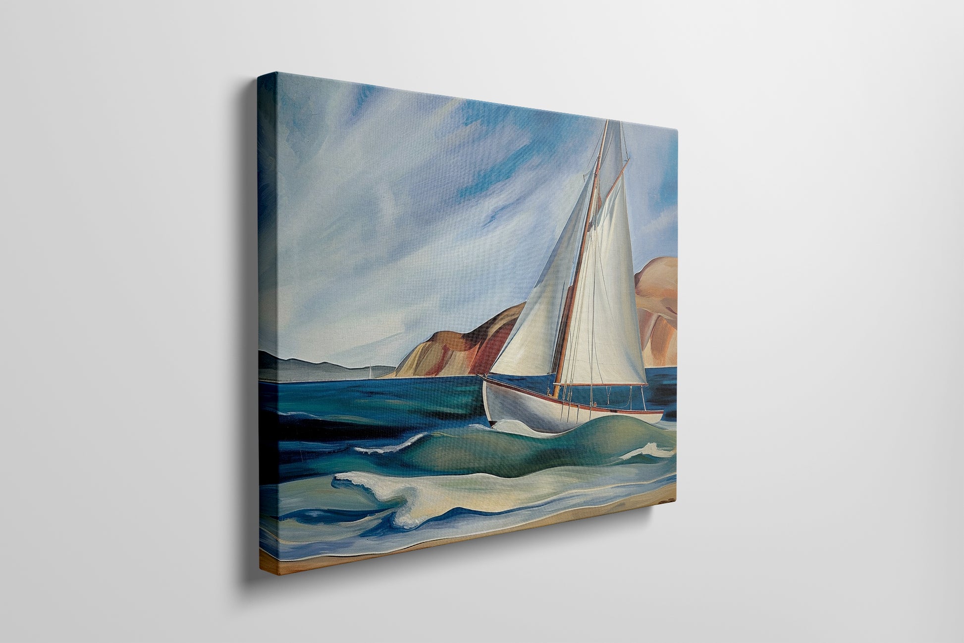 Framed canvas print of a vibrant sailboat sailing near a coastline with blue skies