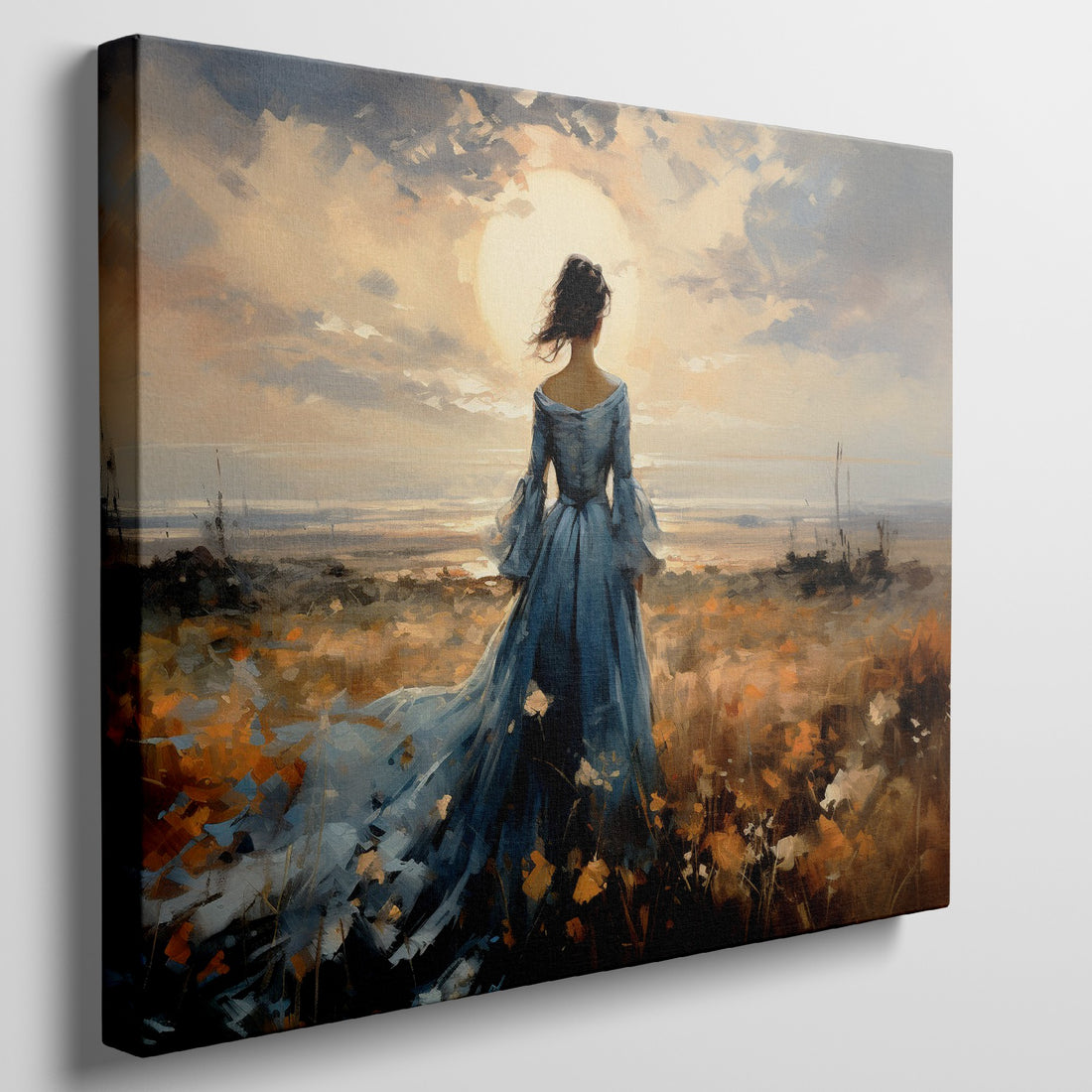 Framed canvas print of an elegant lady in a blue dress against a rural sunset backdrop with warm hues and a dramatic skyline