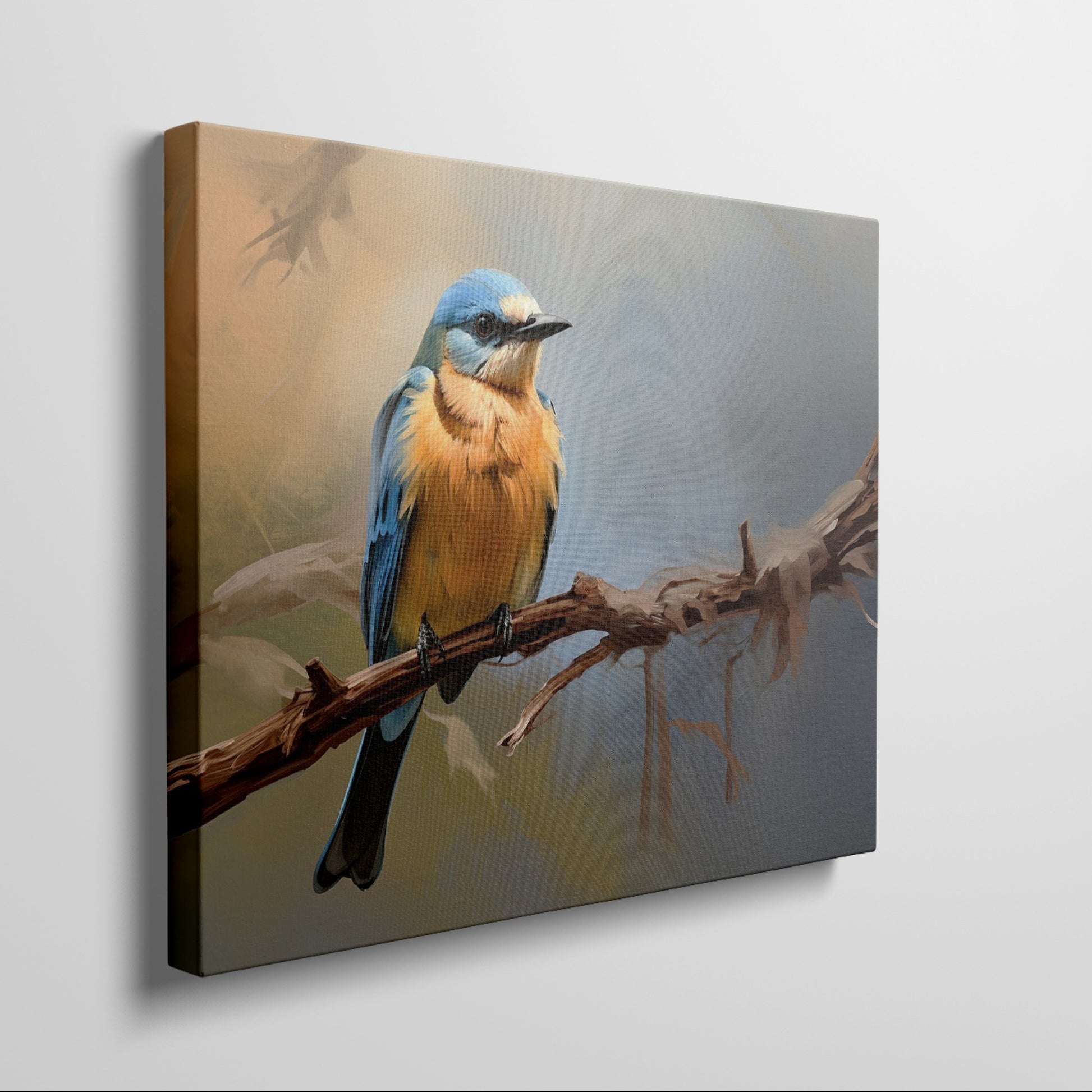 Framed canvas print of a realistic bluebird perched on a branch with vibrant blue and yellow colours