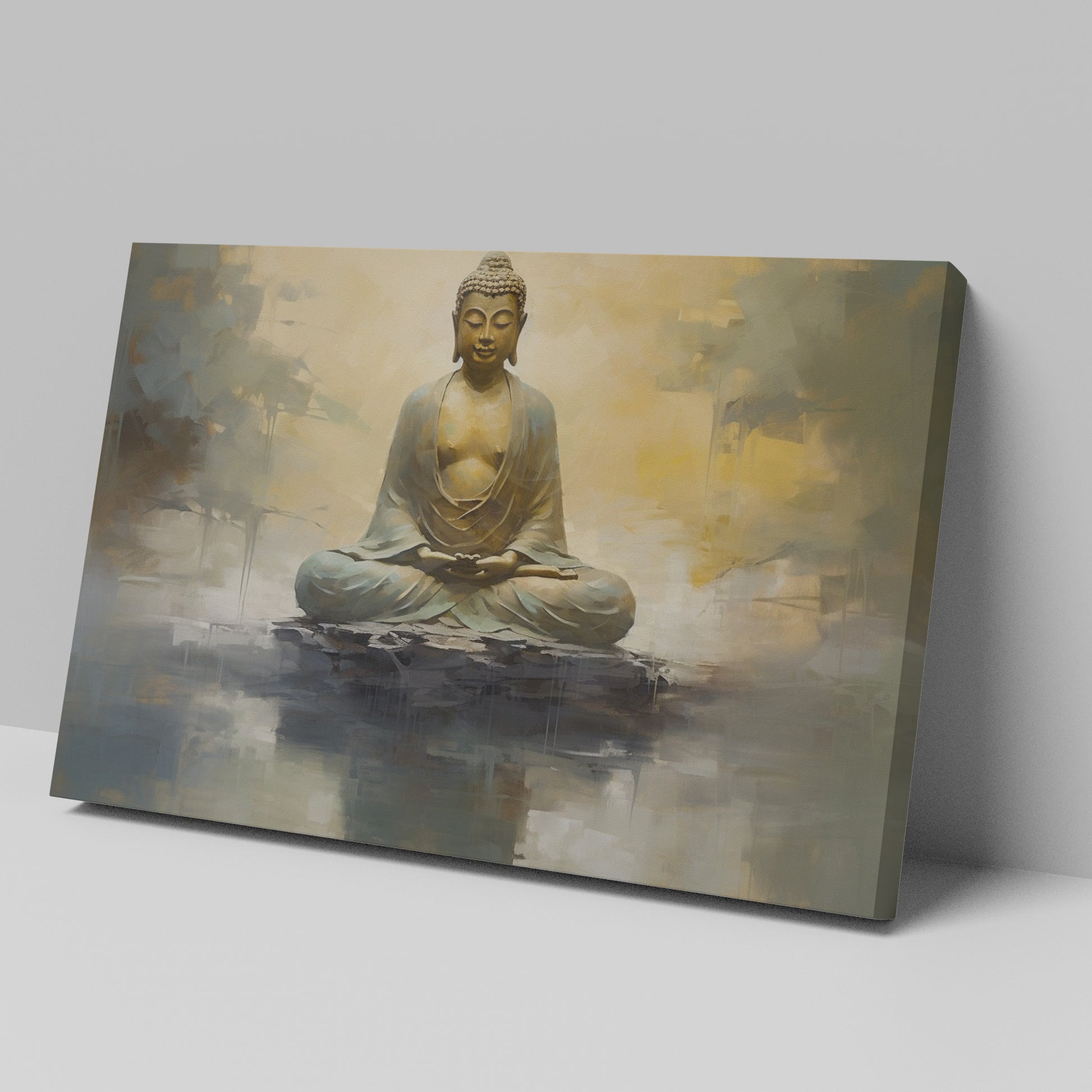 Framed canvas print of a serene Buddha in meditation with abstract golden backgrounds