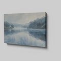 Framed canvas print of a serene lakeside watercolor painting with soft blue and grey tones