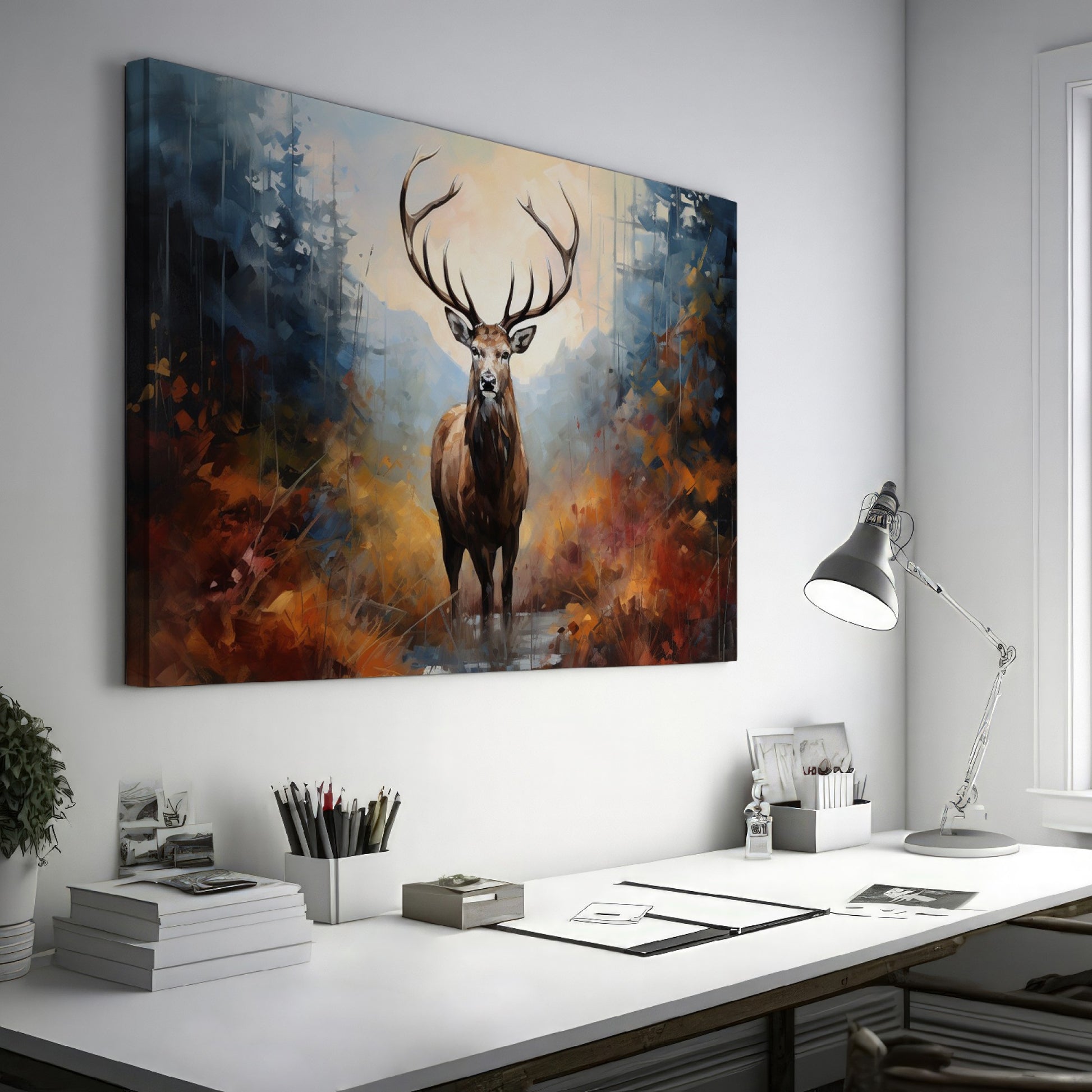 Framed canvas print of a majestic stag in an abstract autumnal forest