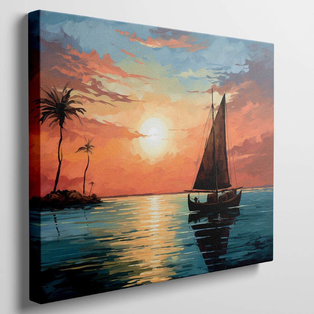 Framed canvas print of a tropical sunset with a sailboat and palm trees