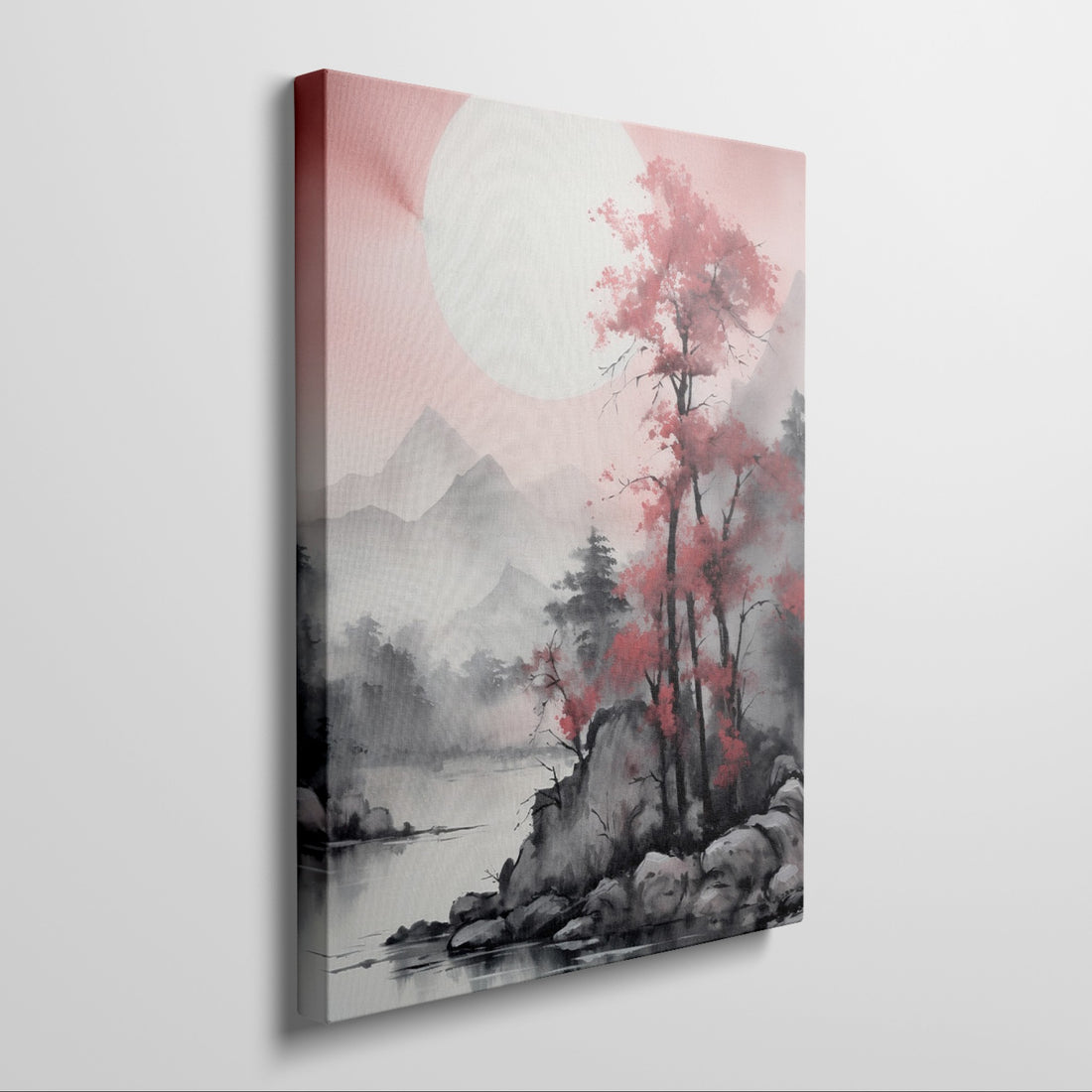 Framed canvas print of Asian-inspired landscape with crimson tree and misty mountains