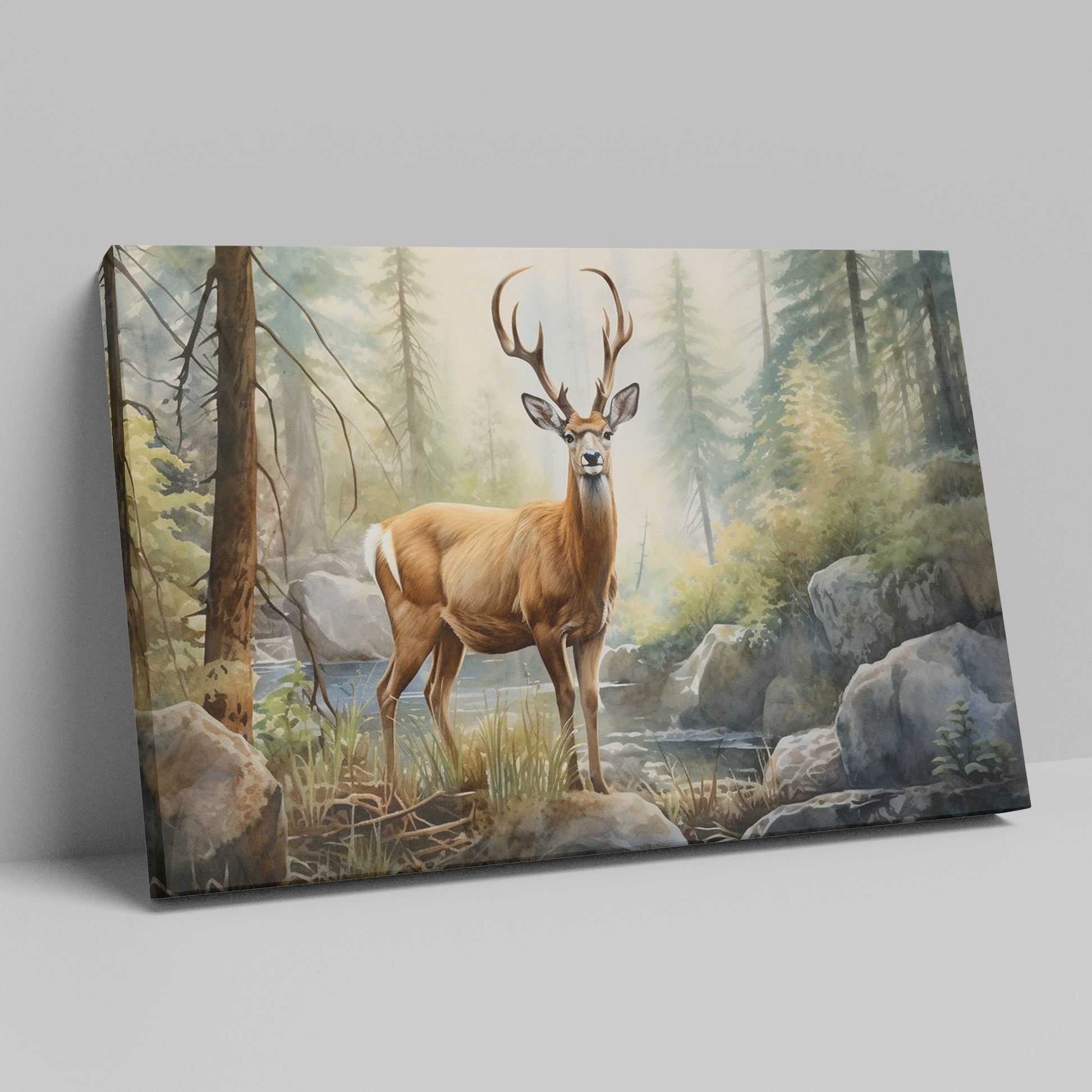 Framed canvas print of realistic deer in a forest with a stream and rocks