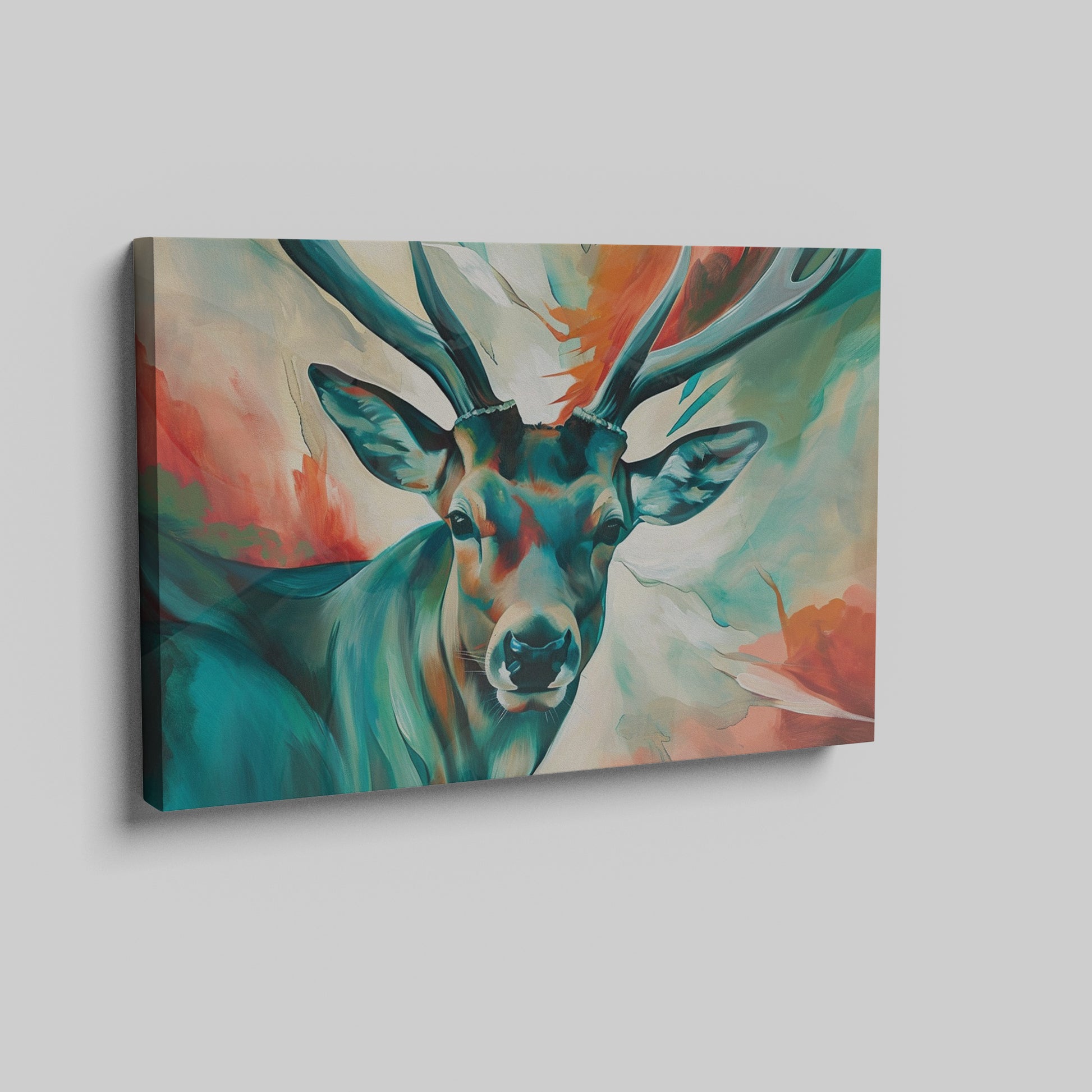 Framed canvas print of a colourful, impressionist painting of a stag with vibrant splashes of red, blue, and green