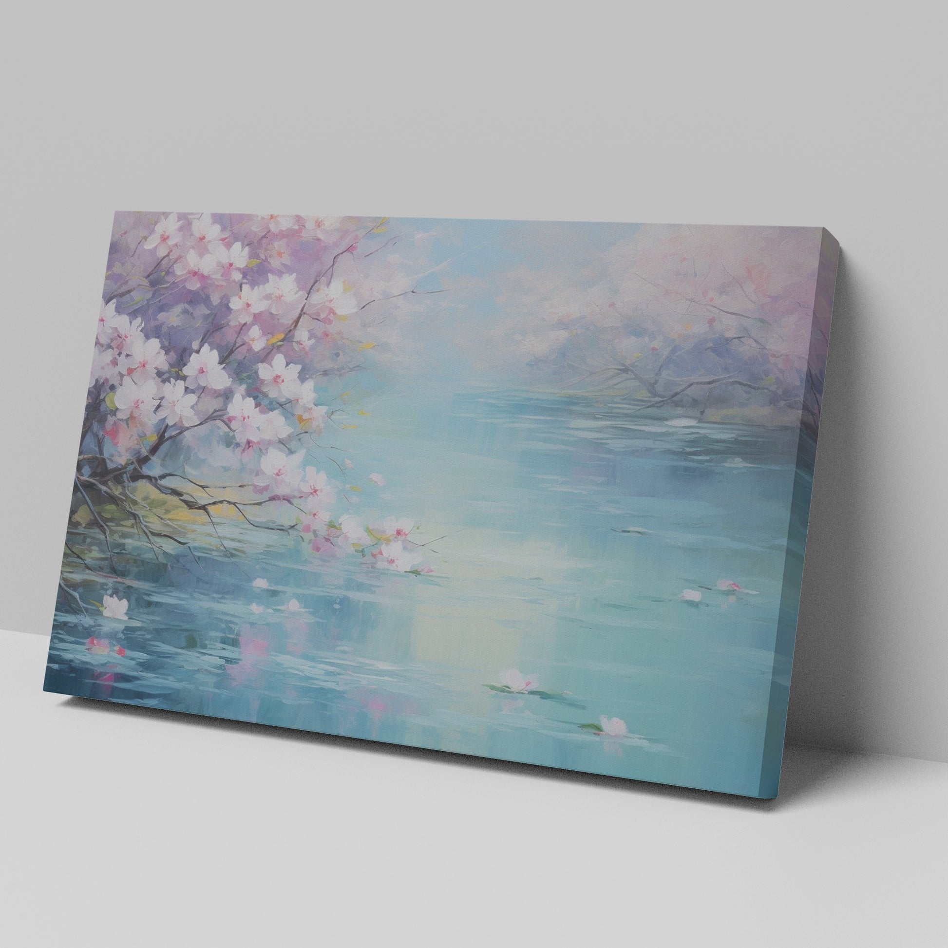 Framed canvas print of a serene landscape with cherry blossoms over tranquil waters