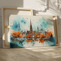 Framed canvas print of impressionist watercolor cityscape with autumn colors and urban reflection