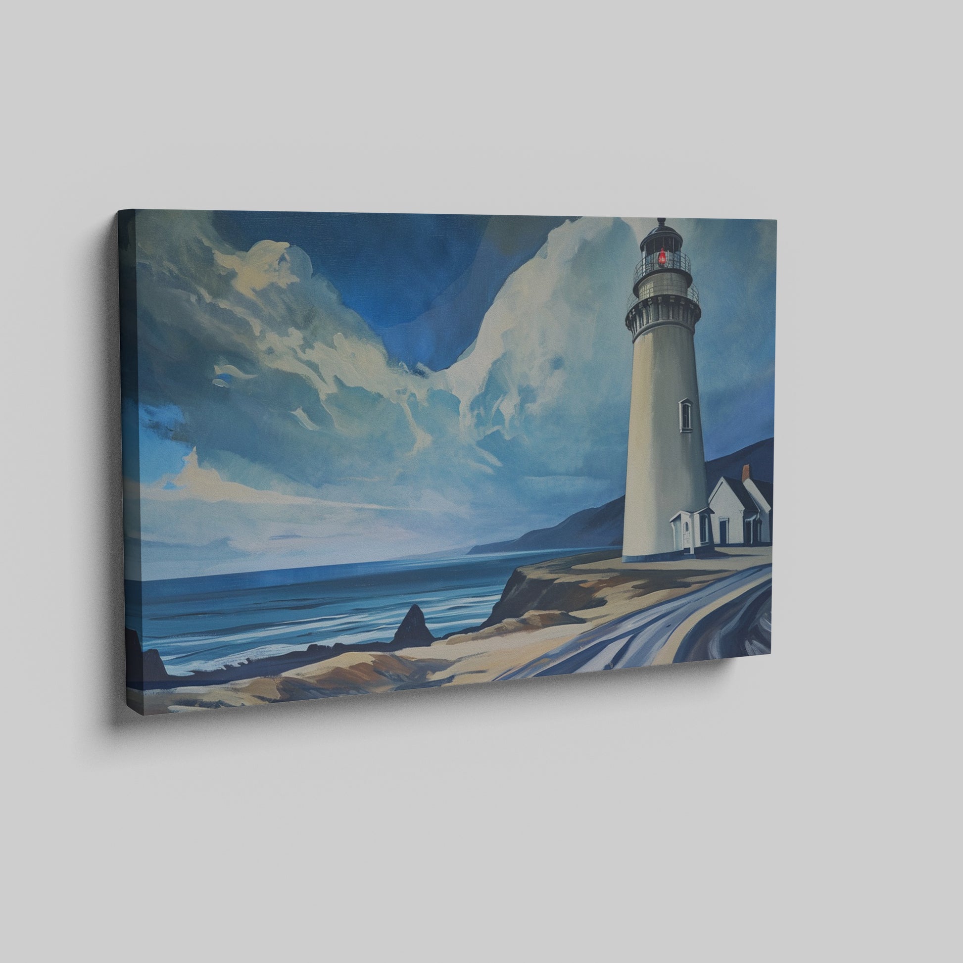 Framed canvas print of a coastal lighthouse with vibrant blue skies and ocean