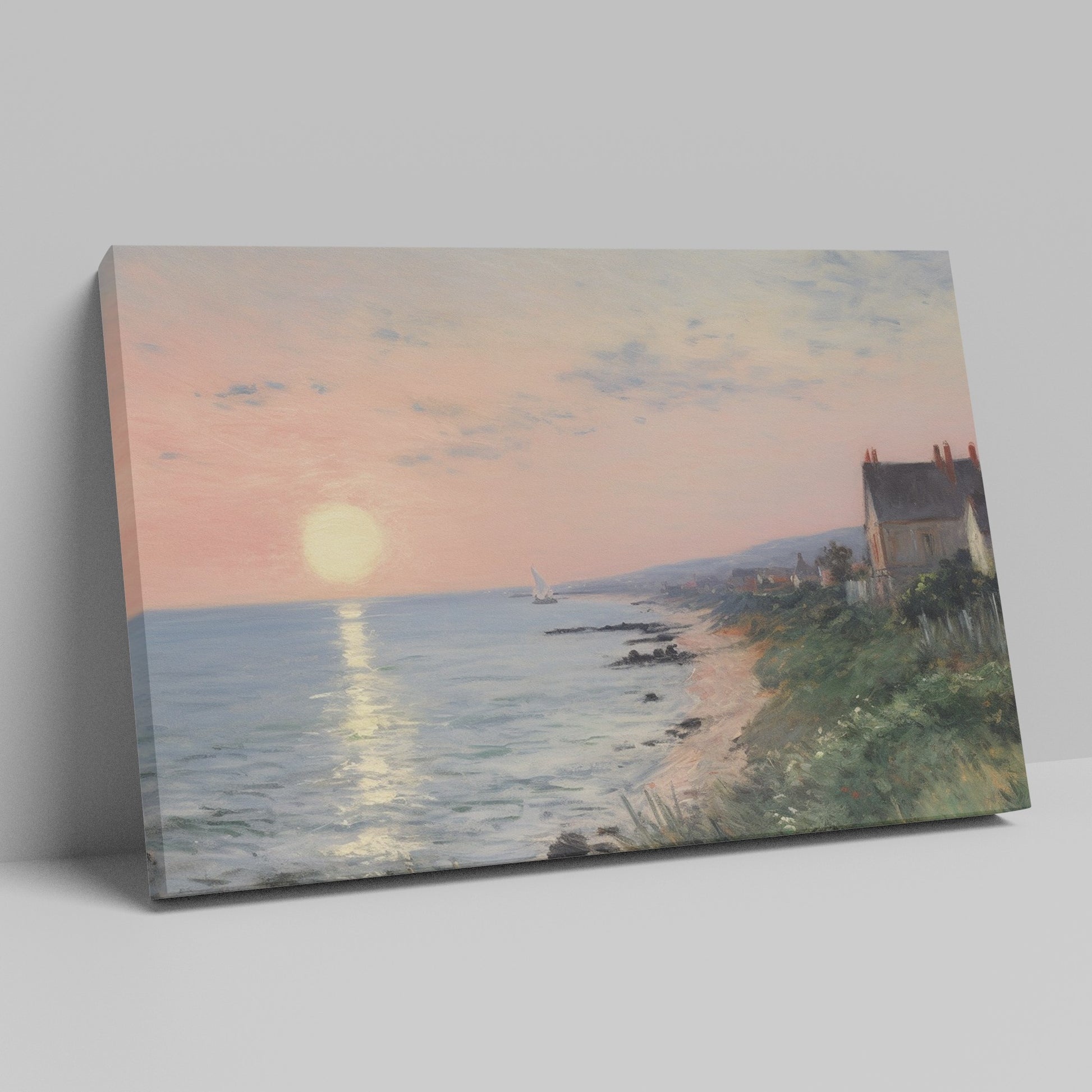 Framed canvas print of an Impressionist seascape with a sunset over the ocean and coastal village