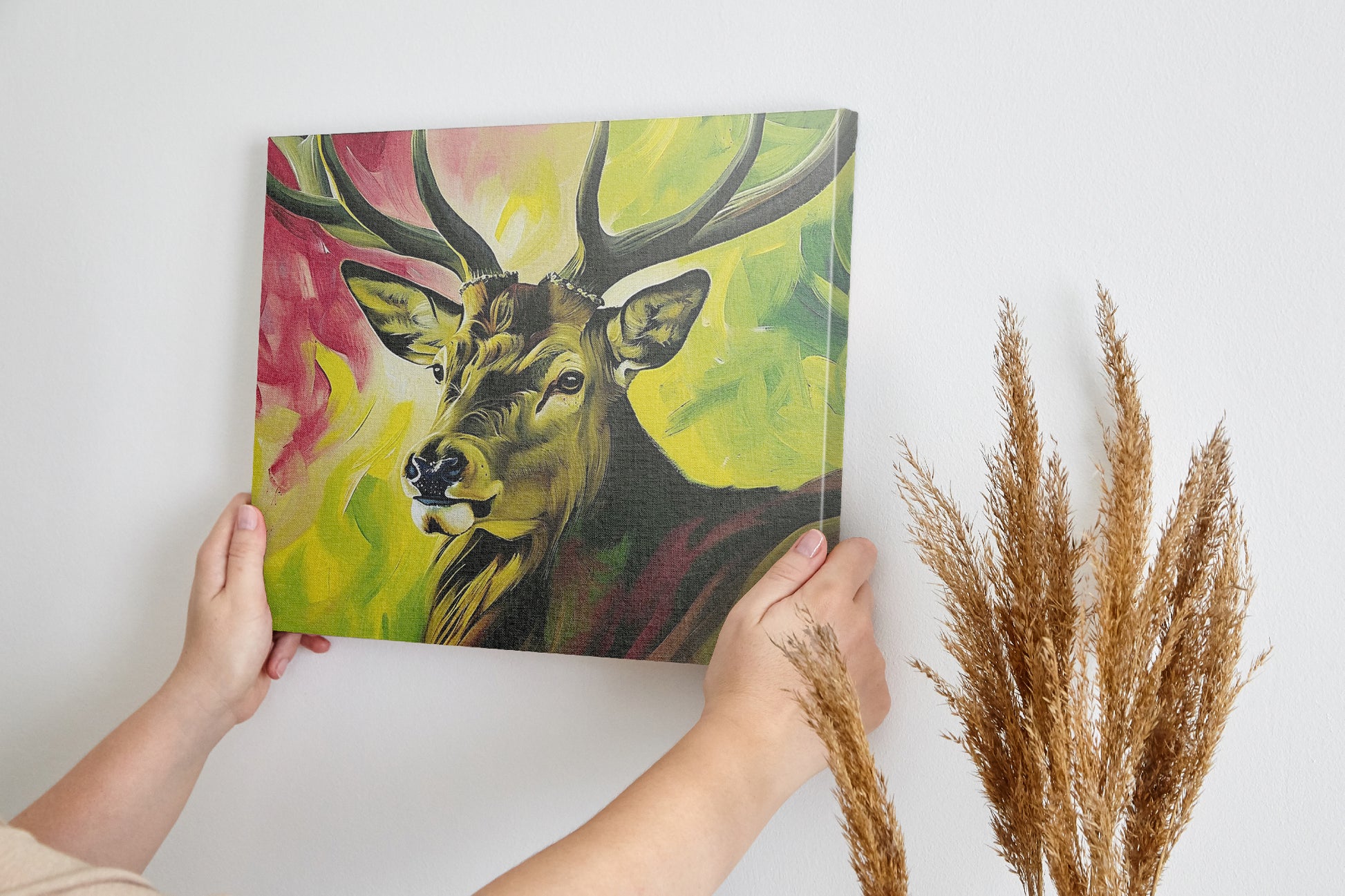 Framed canvas print of a vibrant stag painting with a multicoloured background