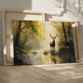 Impressionist painting of a stag by a water body amidst a yellow and brown autumn forest.