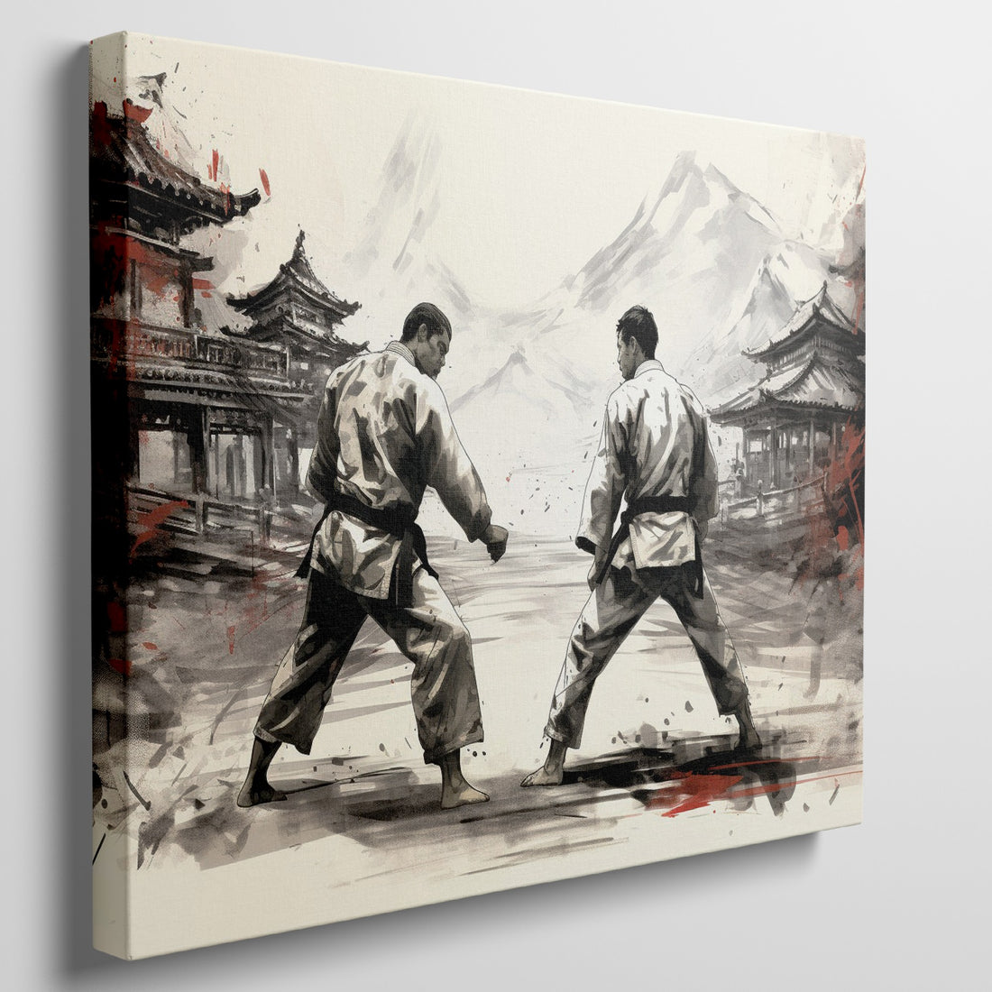 Framed canvas print depicting two karate practitioners in a traditional dojo with red accents